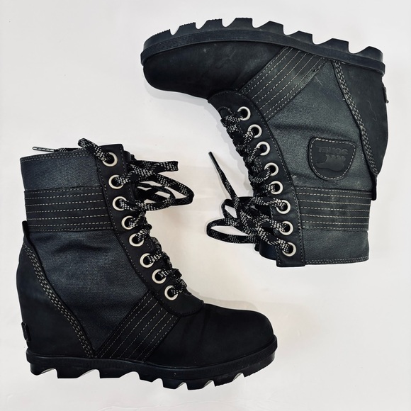 Sorel Lexie Waterproof Black Leather Wedge Heel Lace Up Boots women's 6.5 - Picture 11 of 16